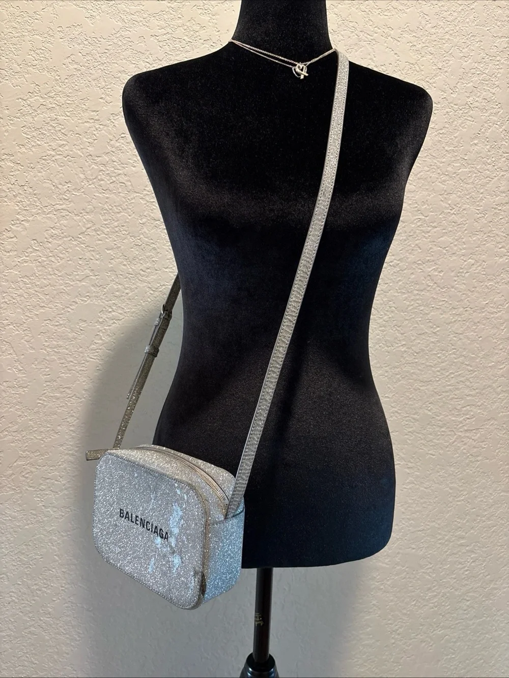 Balenciaga Glitter Silver Leather Camera Crossbody Bag Made In Italy